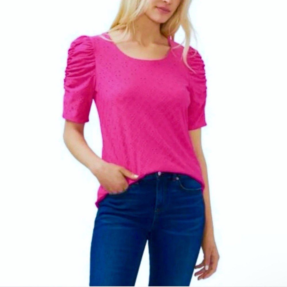 Cece Pink Eyelet Puff Sleeve Blouse Size Medium Valentines Barbie Pink Scoop